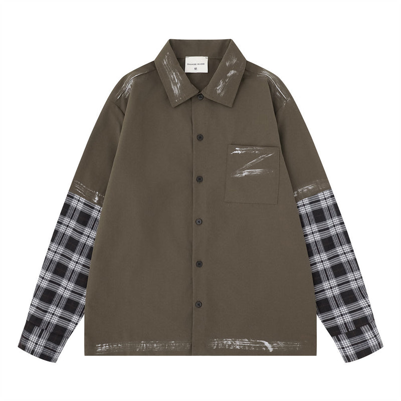 Plaid Splice Long Sleeve Shirt – Faux Two-Piece Brushstroke Detail, Relaxed Fit