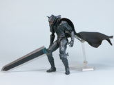 The Berserk Brand Marked Guts Berserker Armor Action Figure is a 16 cm PVC statue with a large sword and flowing cape on a stand. Fully poseable and intricately designed, it&