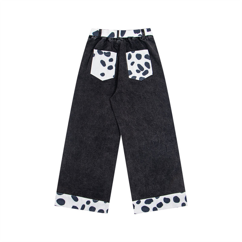 Jean noir large avec patchs chat cartoon et finitions contrastantes imprimées dalmatien