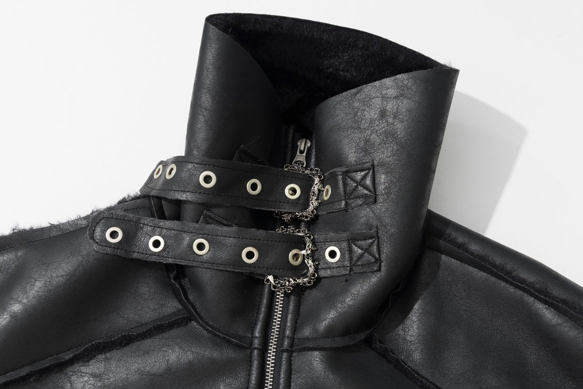 Leather Jacket with Fur Collar – Black Bomber Moto Jacket with Cargo Pockets &