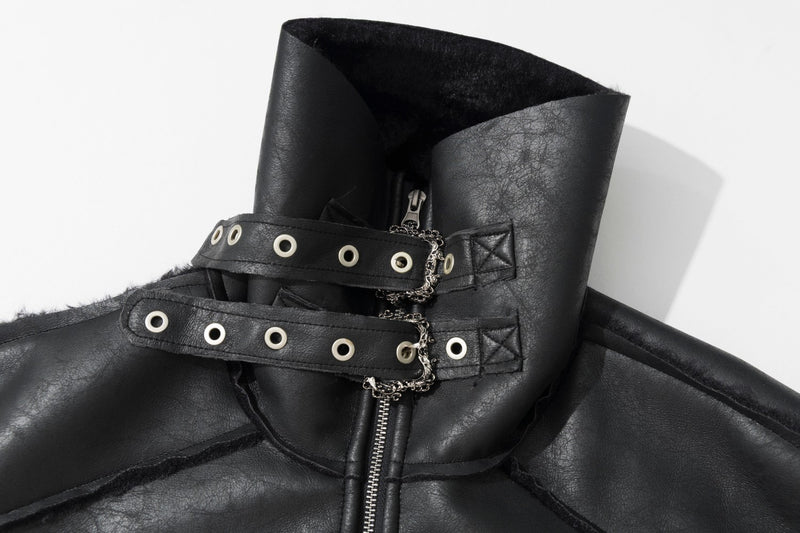 Leather Jacket with Fur Collar – Black Bomber Moto Jacket with Cargo Pockets &