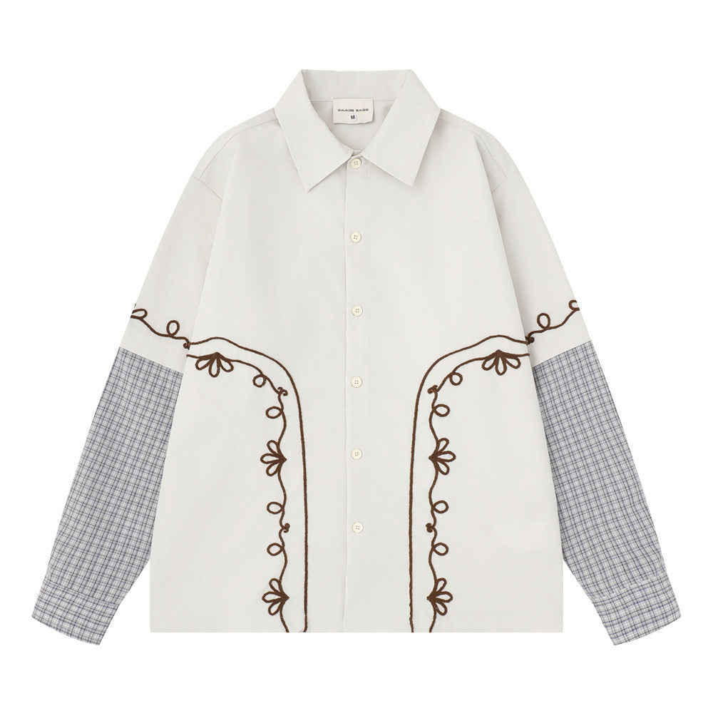 Embroidered Patchwork Plaid Long Sleeve Shirt – Oversized Floral Vine Design