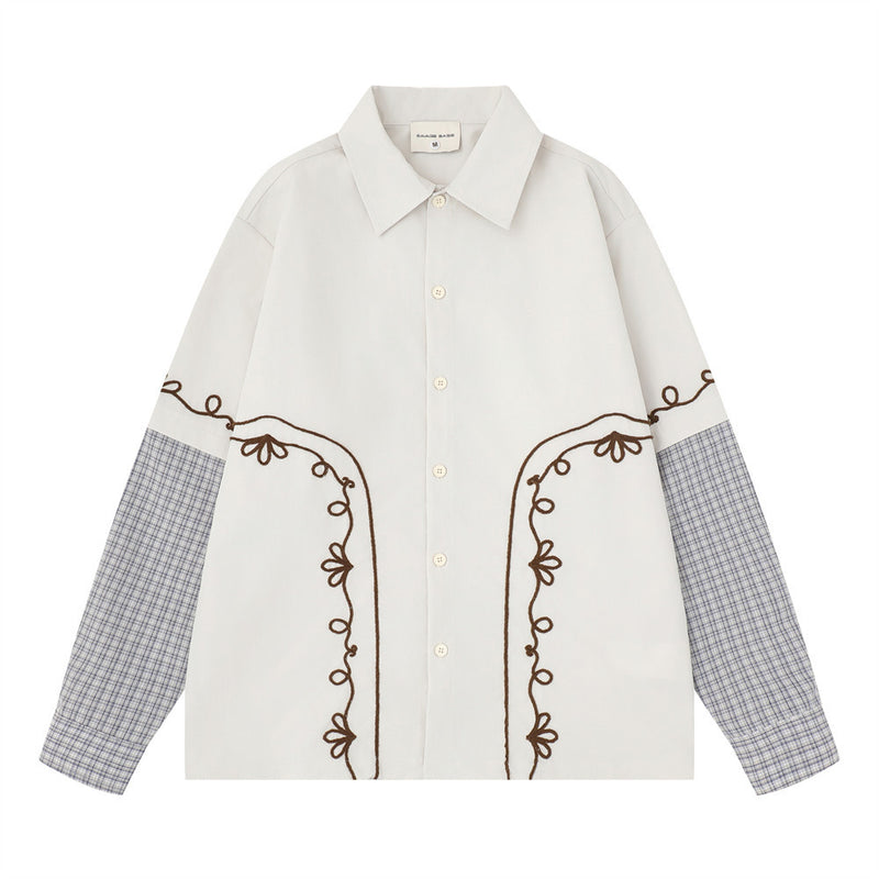 Embroidered Patchwork Plaid Long Sleeve Shirt – Oversized Floral Vine Design