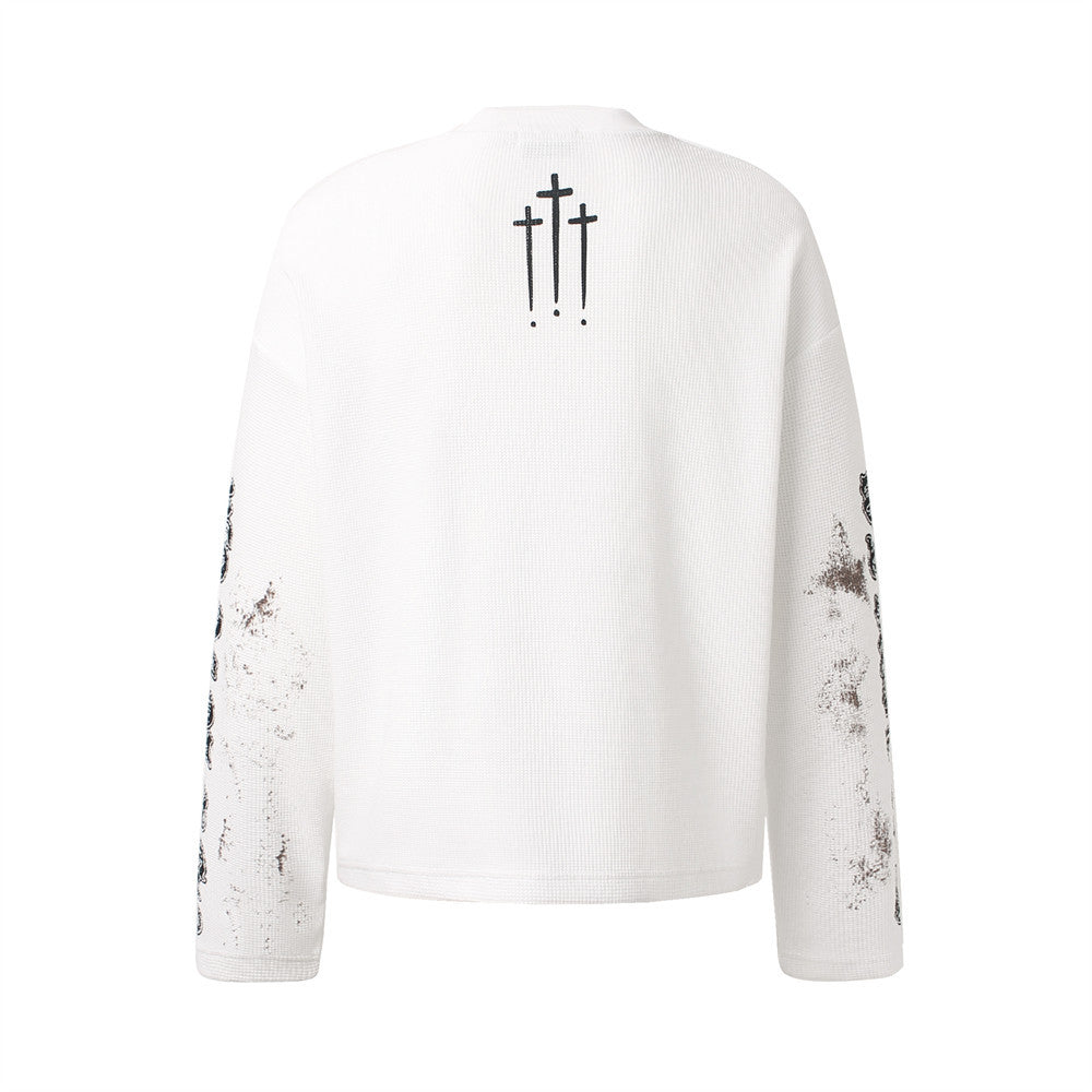 Angel Cross Graphic Long Sleeve Waffle-Knit Shirt – Distressed Print, Relaxed