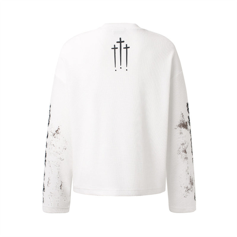 Angel Cross Graphic Long Sleeve Waffle-Knit Shirt – Distressed Print, Relaxed