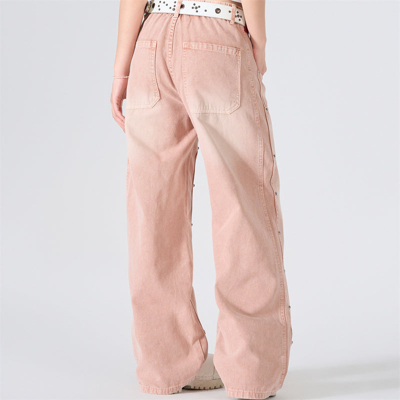 Wide-Leg Carpenter Jeans – Patchwork Studded Pink Washed Denim