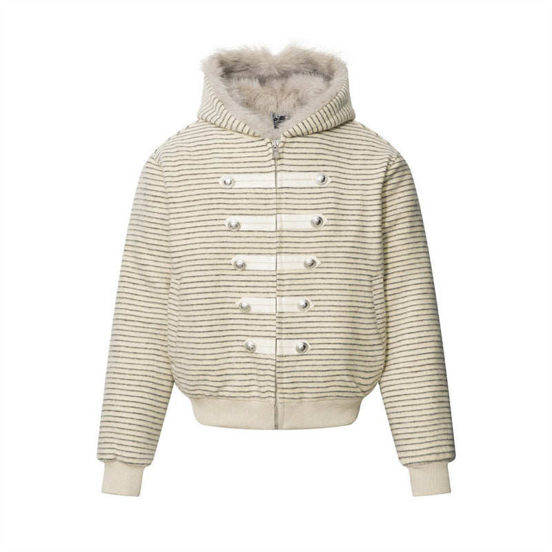 Striped Faux-Fur Hood Bomber Jacket – Double-Breasted Oversized Winter Coat