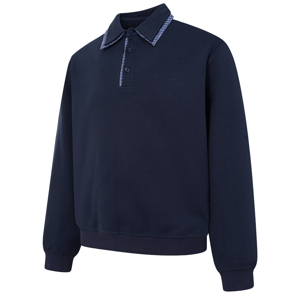 Sweat-shirt homme à col polo et bordure à carreaux | Coupe décontractée, manches longues