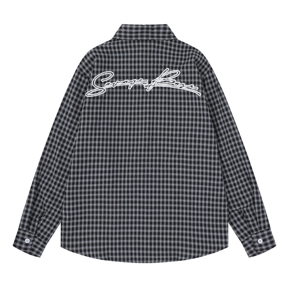 Men's Plaid Long Sleeve Shirt with Rope Loop Embroidery — Relaxed Fit