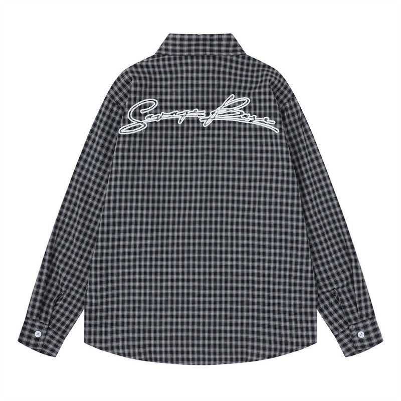 Men's Plaid Long Sleeve Shirt with Rope Loop Embroidery — Relaxed Fit