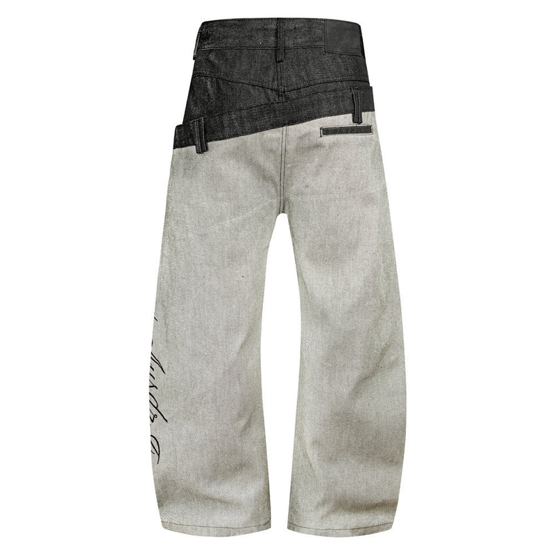 Jean en denim brut à double ceinture et jambes larges – Colorblock diagonal et broderie
