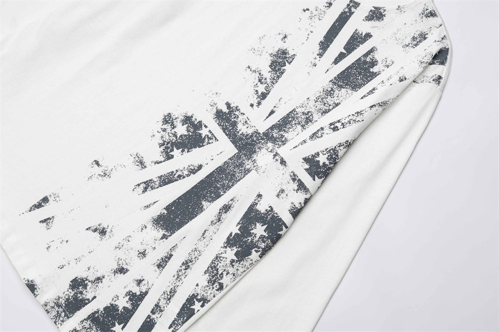 White long sleeve sleeve close-up with distressed gray Union Jack print