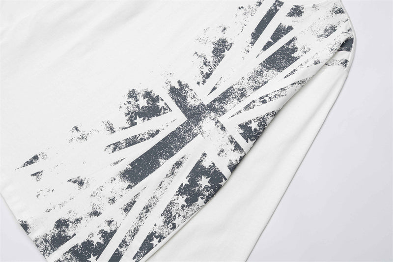 White long sleeve sleeve close-up with distressed gray Union Jack print