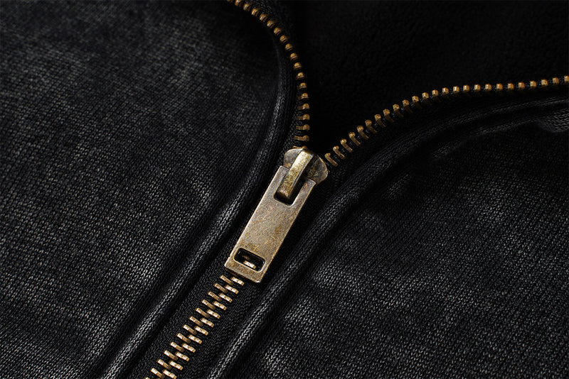 Acid Wash Zip-Up Fleece Jacket – Stand Collar, Vintage Moto Style