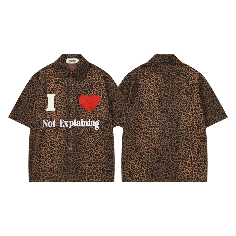 Leopard Print Short Sleeve Shirt with Heart Flocking Patch – Oversized Hip Hop B