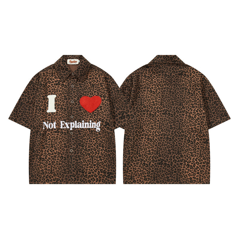 Leopard Print Short Sleeve Shirt with Heart Flocking Patch – Oversized Hip Hop B