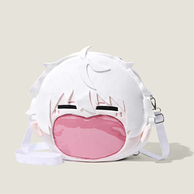 The Seakoff Blue Lock Seishiro Nagi Plush Shoulder Bag is a round handbag with white hair, resembling an anime face with closed eyes and a transparent pink mouth pocket. It features a white strap and zipper, capturing the character's expressive look.