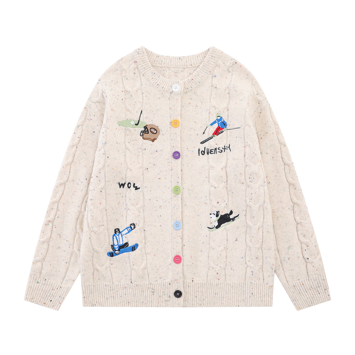 Cable Knit Cardigan Sweater with Cartoon Sport Embroidery & Colorful Buttons