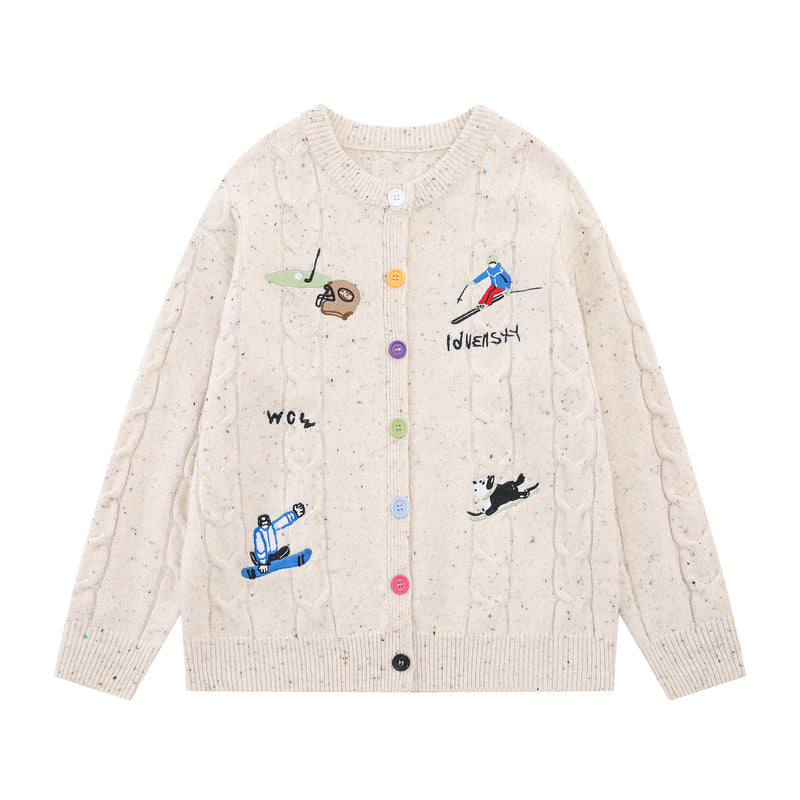 Cable Knit Cardigan Sweater with Cartoon Sport Embroidery & Colorful Buttons