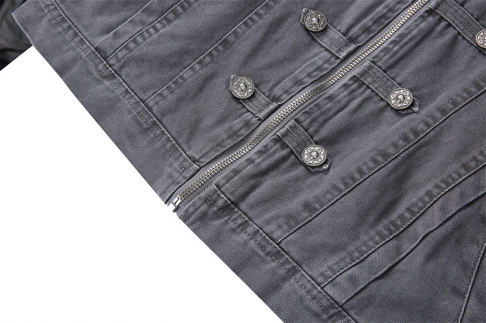 Men's Vintage Military Double-Breasted Zip Jacket with Stand Collar