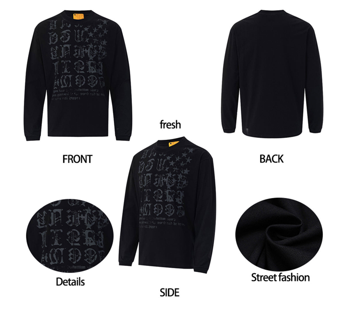 T-shirt manches longues à imprimé lettres gothiques – Col rond streetwear américain vintage
