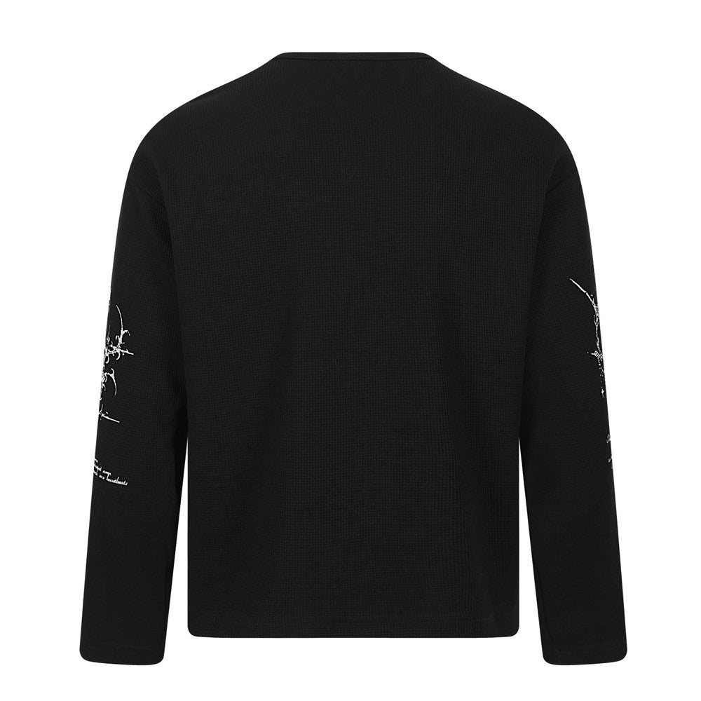 Gothic Cross & Angel Print Henley Long-Sleeve Shirt – Waffle Knit Hip-Hop Top