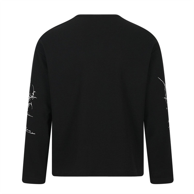 Gothic Cross & Angel Print Henley Long-Sleeve Shirt – Waffle Knit Hip-Hop Top