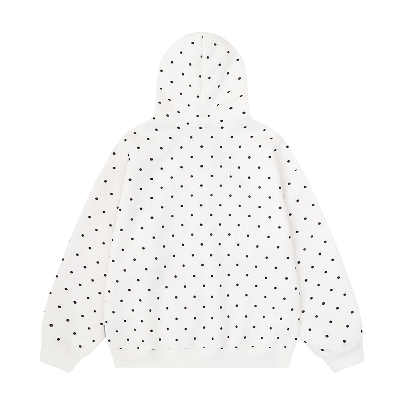 Polka Dot Zip-Up Hoodie with 3D Cat Patch & Star Embroidery – Oversized Unisex