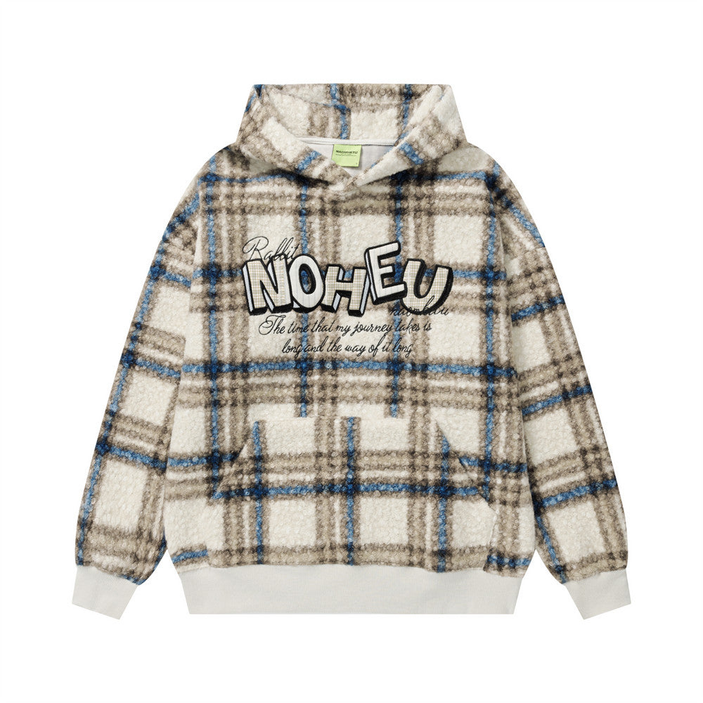 Karierter Sherpa-Fleece-Hoodie mit Buchstabenstickerei – Oversized-Pullover