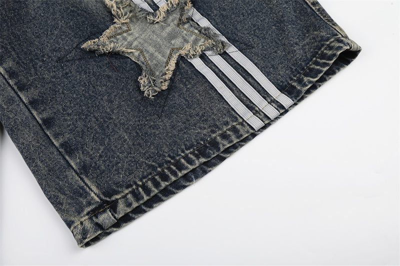 Vintage Washed Star Patch Stripe Denim Shorts