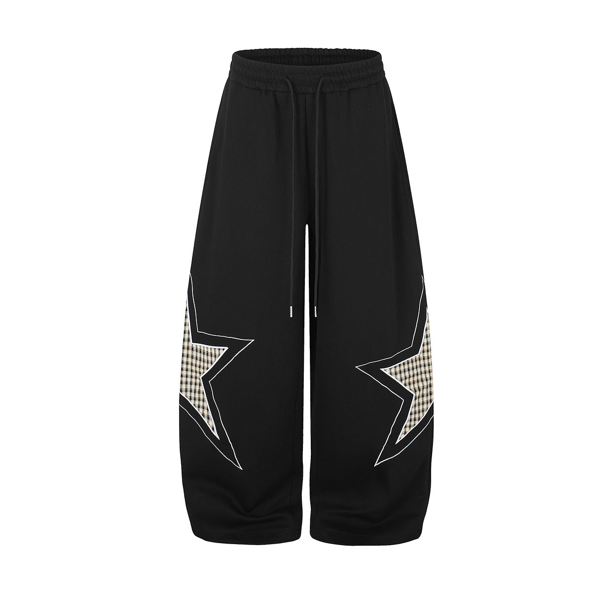 Wide-Leg Star Patch Sweatpants – Oversized Streetwear Joggers with Plaid