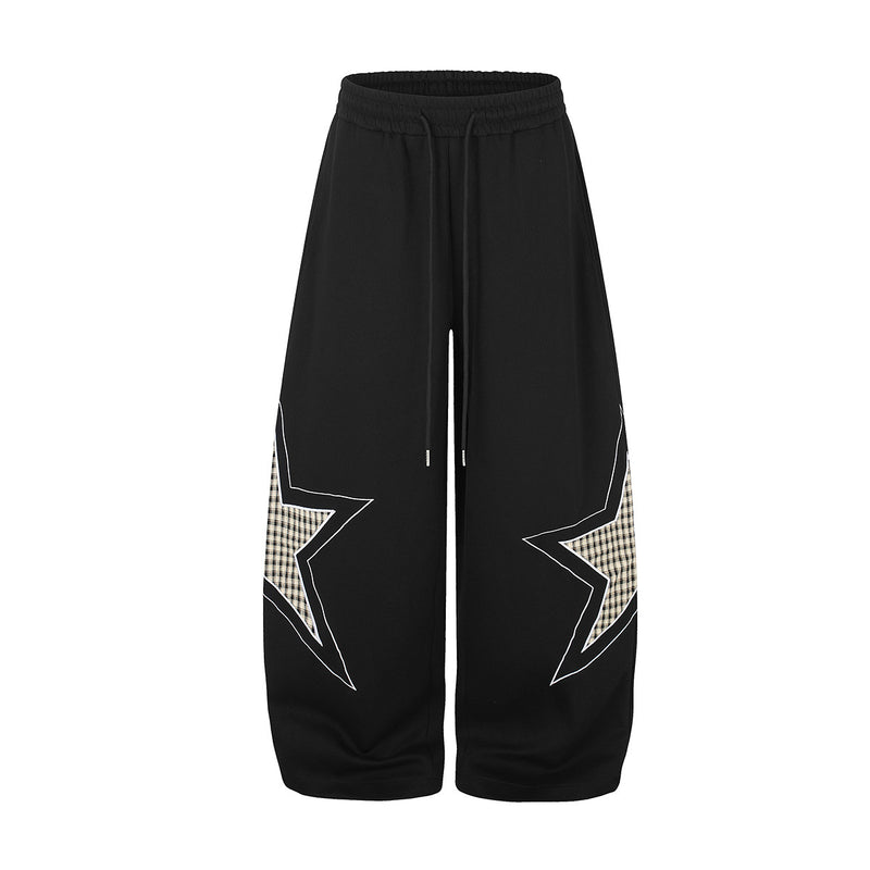 Wide-Leg Star Patch Sweatpants – Oversized Streetwear Joggers with Plaid
