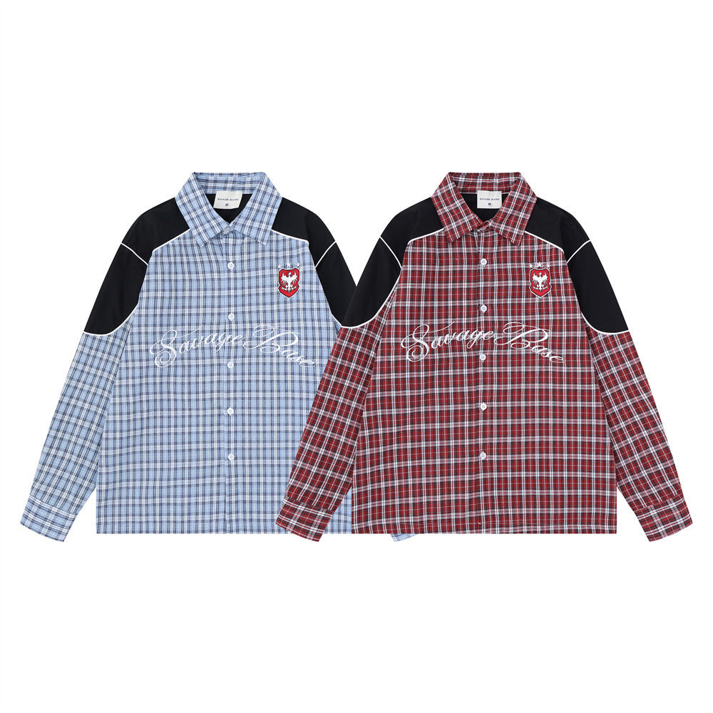 Plaid Long Sleeve Shirt with Colorblock Black Shoulder Panel and Crest