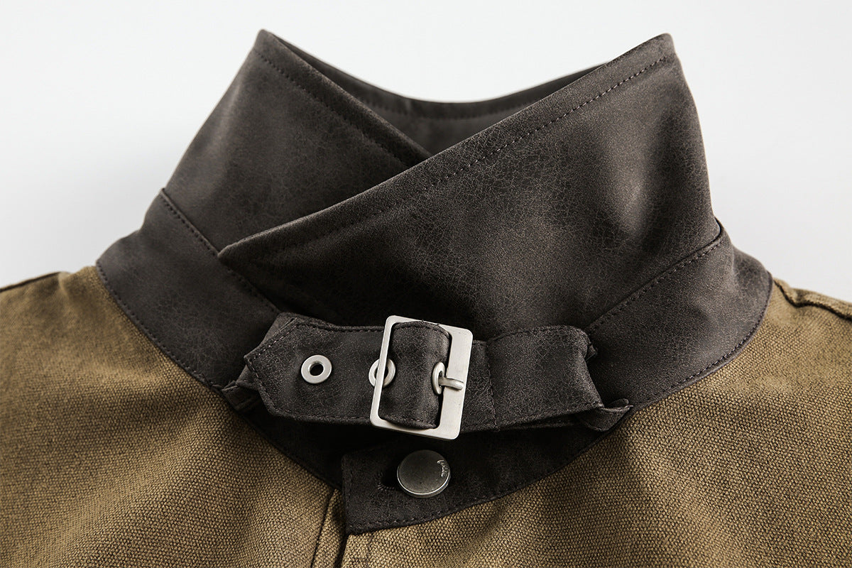 Blouson bomber homme en toile canvas délavée avec grandes poches cargo et col à boucle
