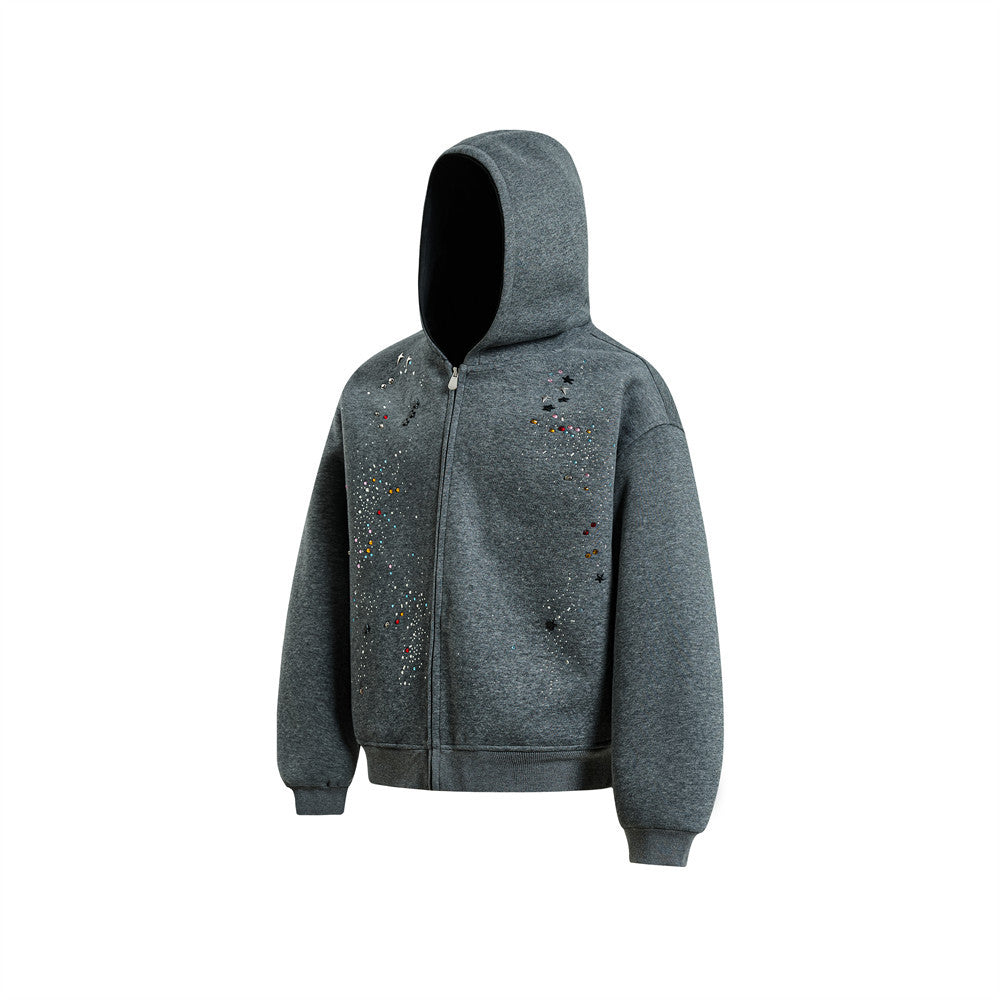 Herren-Zip-Hoodie aus Oversized-Fleece mit Strasssteinen und Galaxie-Sternen