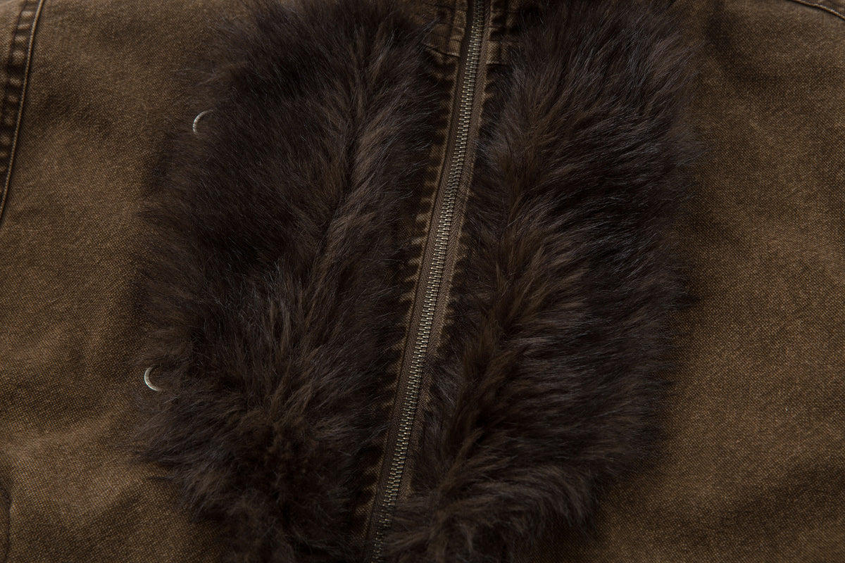 Sherpa Lined Denim Jacket with Fur Collar & Toggle Clasps