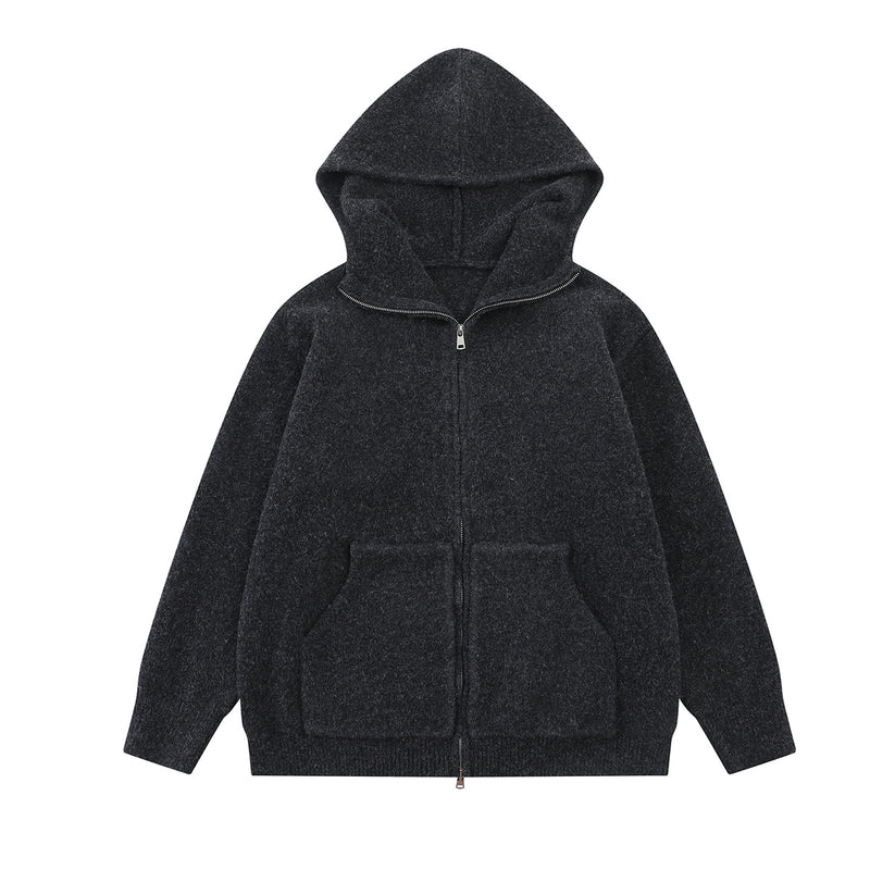Knit Zip-Up Hoodie with Eagle Graphic Back — Relaxed Fit Streetwear Cardigan