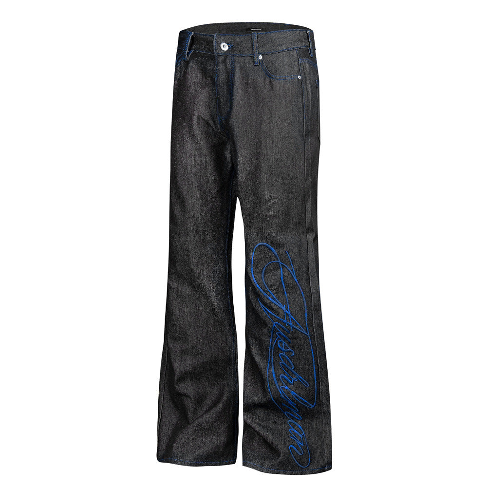 Jean noir homme bootcut avec broderie script – Denim à jambes évasées