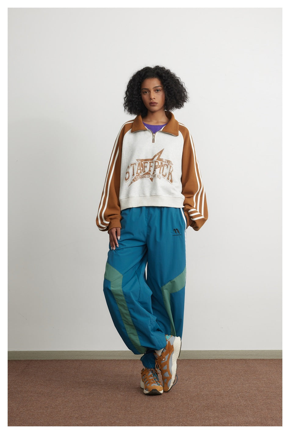 Cropped Half-Zip Sweatshirt Jacket – Colorblock Raglan with Stripe Sleeves