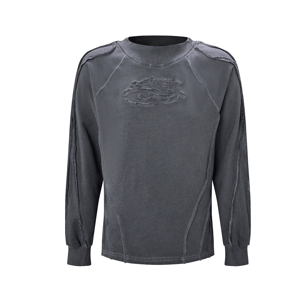 Vintage-Sweatshirt mit Rundhalsausschnitt, gewaschenem Drachenrelief, langen Ärmeln und offenen Kanten in Anthrazitgrau und Salbeimint