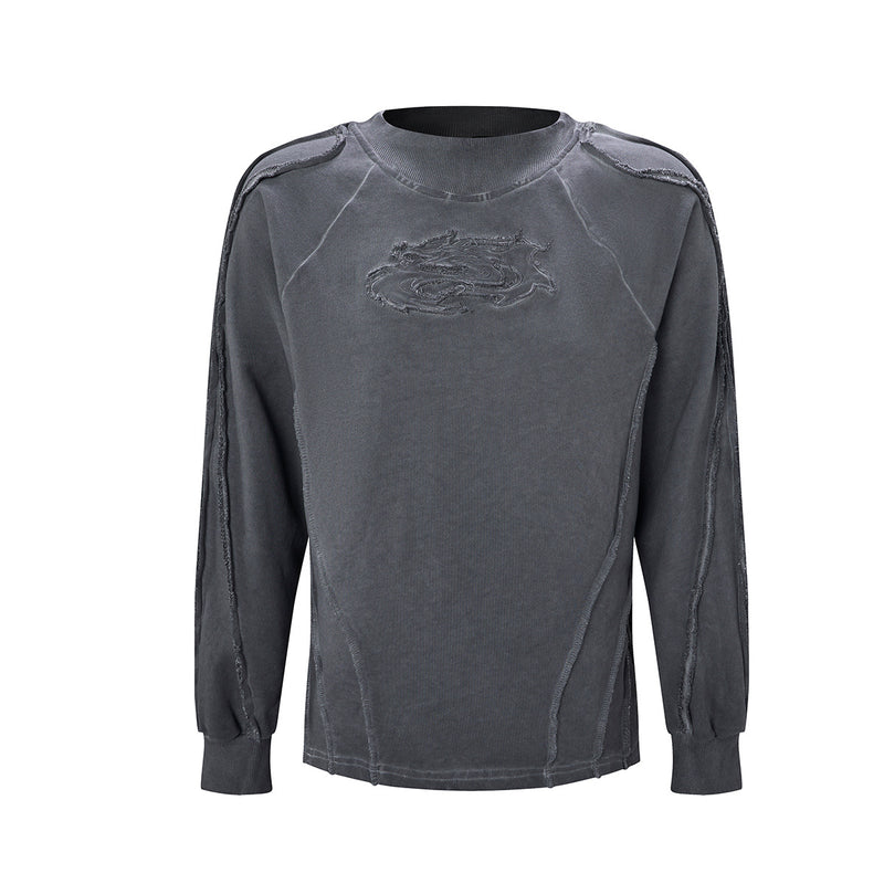 Vintage-Sweatshirt mit Rundhalsausschnitt, gewaschenem Drachenrelief, langen Ärmeln und offenen Kanten in Anthrazitgrau und Salbeimint