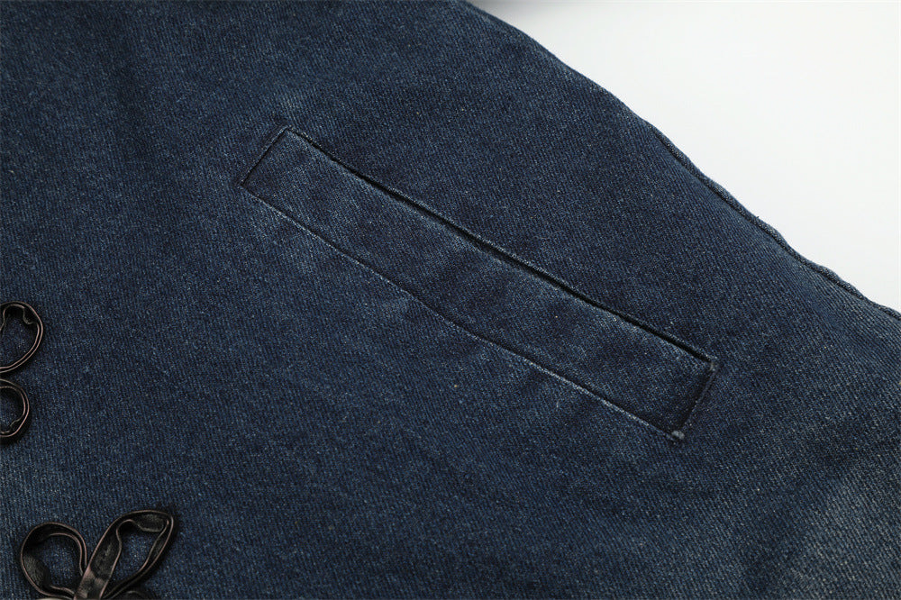Men's Denim Jacket with Faux Fur Collar & Military Frog Button Closure