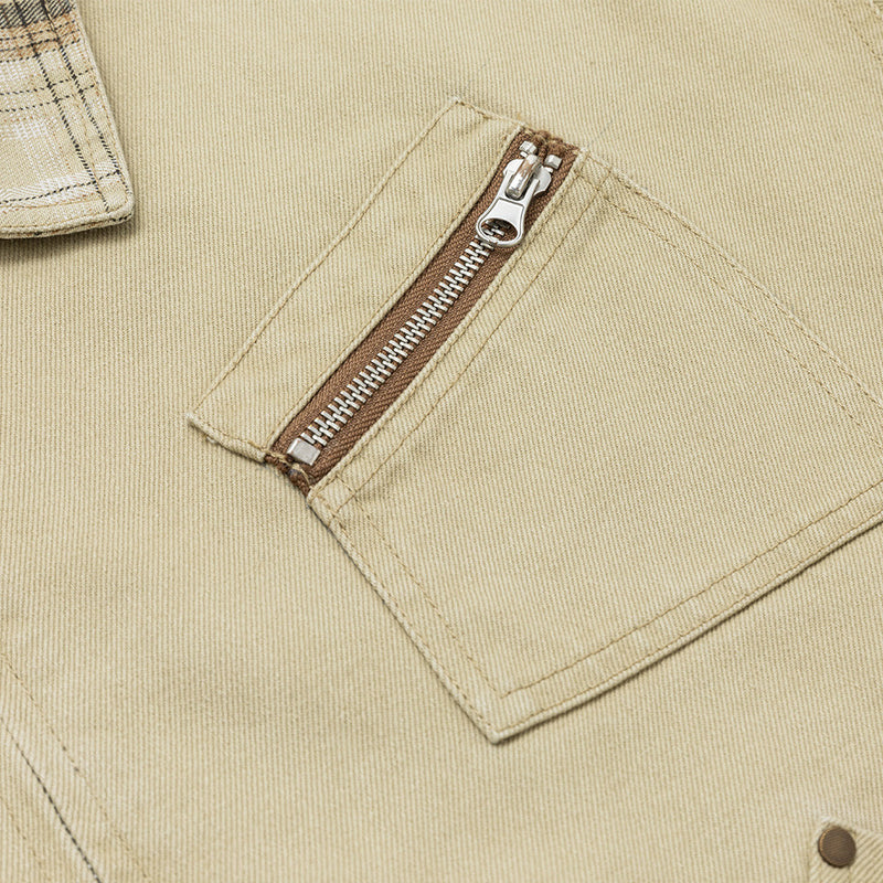 Men's Khaki Workwear Jacket – Relaxed Fit with Plaid Collar & Multi-Pocket