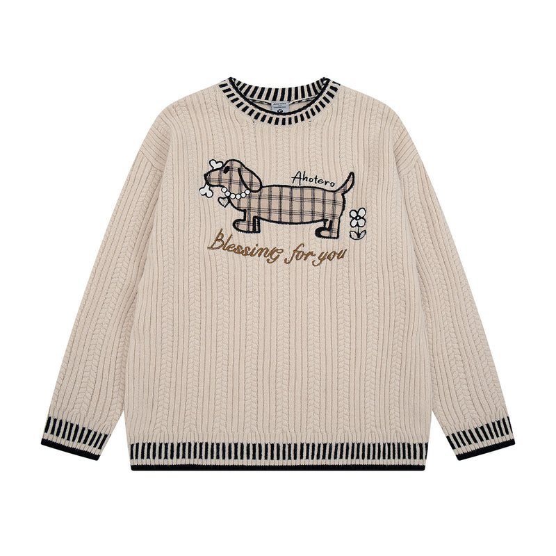 Zopfstrickpullover mit Dackel-Stickerei – Pullover mit Streifenbesatz