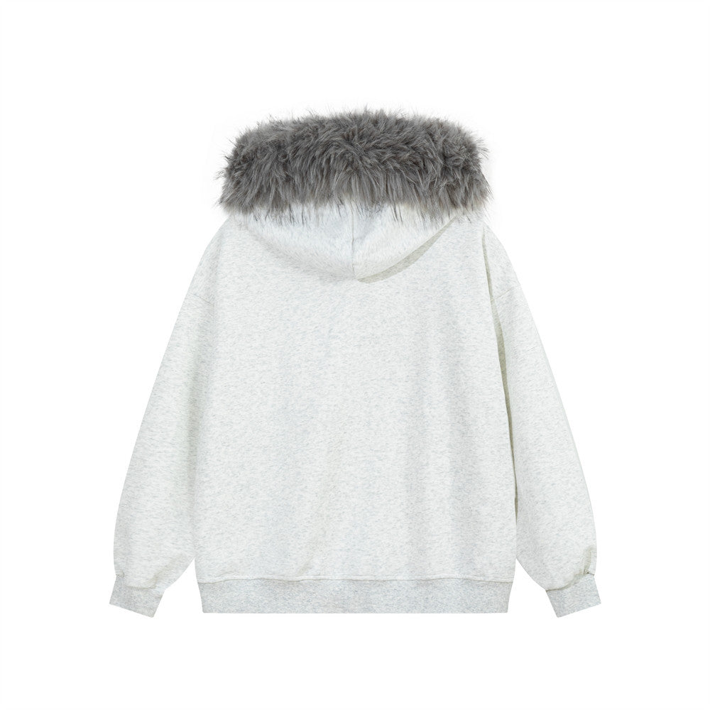 Sweat à capuche zippé oversize avec bordure en fausse fourrure et Statue de la Liberté vintage