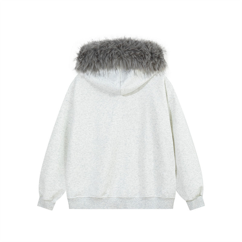 Sweat à capuche zippé oversize avec bordure en fausse fourrure et Statue de la Liberté vintage