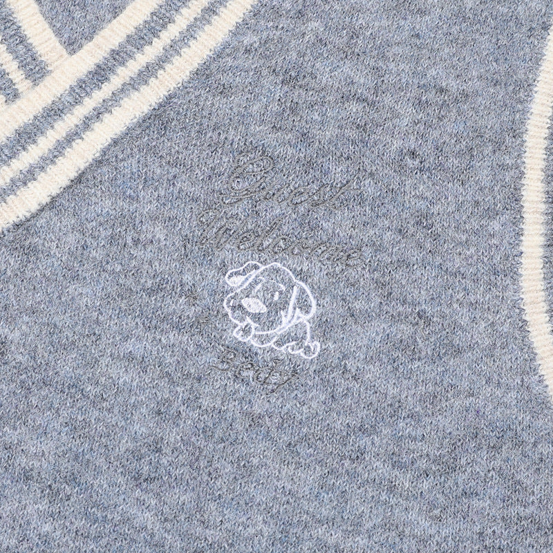 V-Neck Knit Sweater Vest with Irregular Hem & Puppy Embroidery