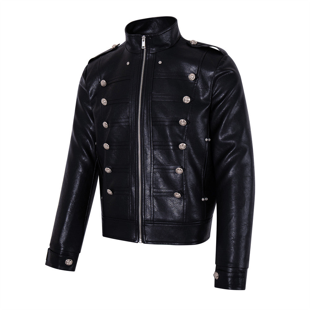 Veste militaire noire pour homme en similicuir PU avec double rangée de boutons argentés