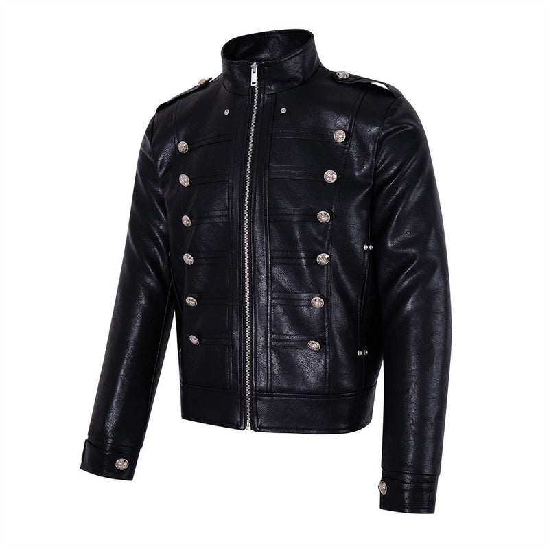 Veste militaire noire pour homme en similicuir PU avec double rangée de boutons argentés