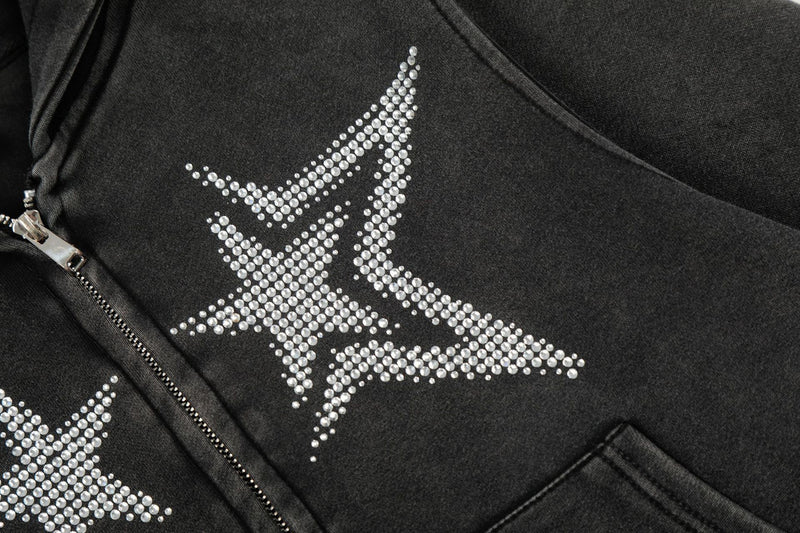 Sweat à capuche zippé Y2K délavé à l’acide avec étoiles doubles en strass – Coupe courte